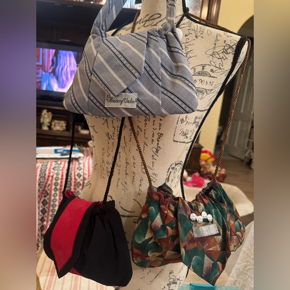 3 Purses handmade out of designer ties! 2 have crossover strap 1 has lil handle!